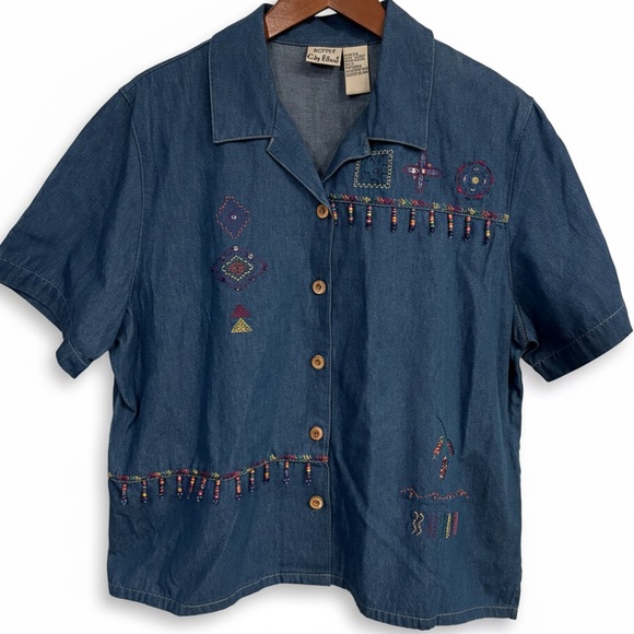 Koret Tops - VTG Beaded Embroidered Denim Shirt Koret City Blues Top Large Art to Wear 90s